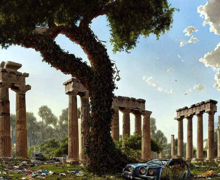 Image similar to a tree growing in ancient greek ruins, gray wasteland, many scrap cars, trash, rubble, overgrown, pillars and arches, flowers, vines, hyperrealistic, highly detailed, cinematic, ray of golden sunlight shining on the tree, beautiful, cgssociety, artstation, 8 k, oil painting by greg rutkowski, by artgerm, by wlop