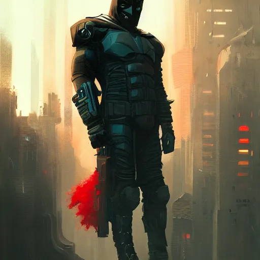 Prompt: cyberpunk batman with fullface mask, red bat, full shot, moody, futuristic, city background, brush strokes, oil painting, greg rutkowski