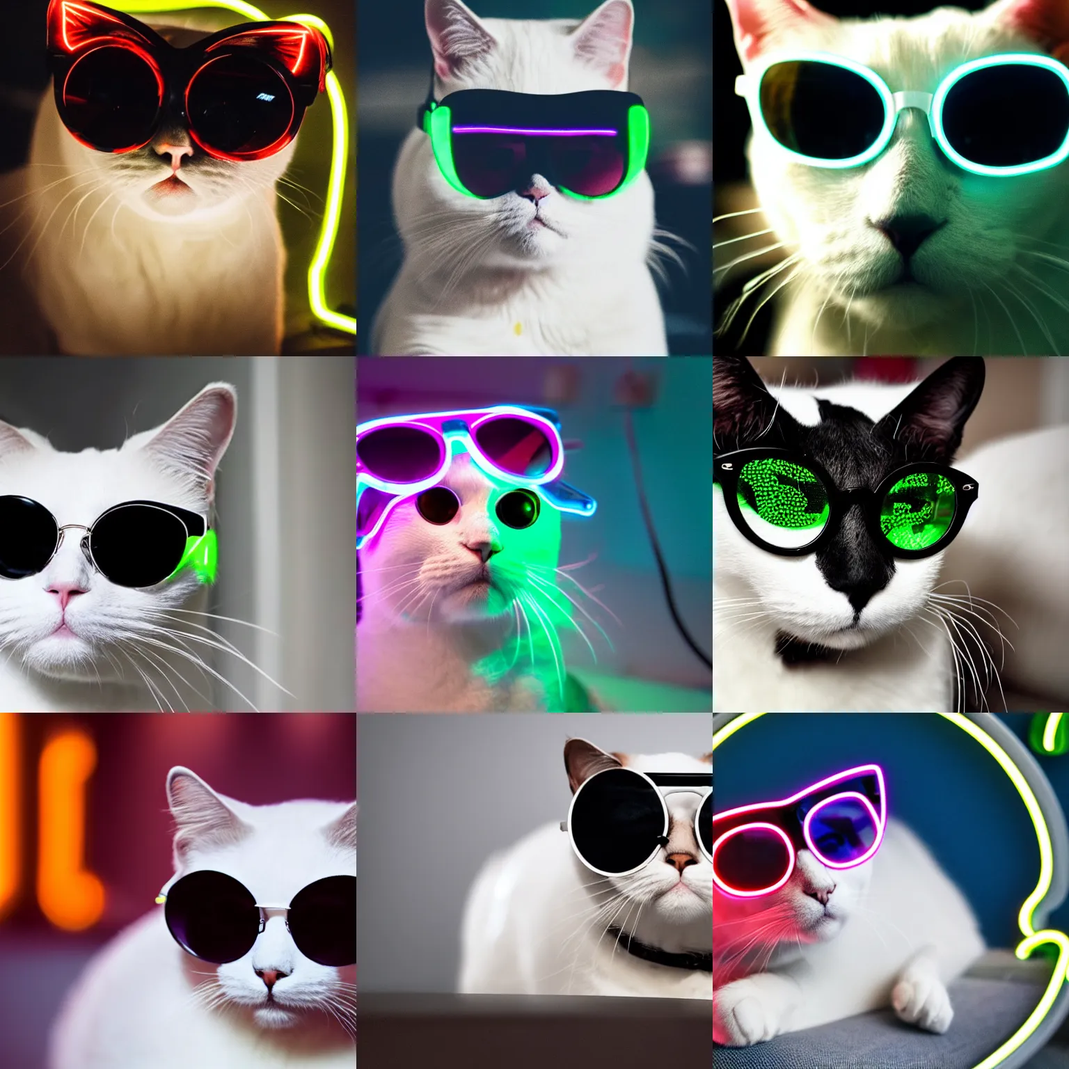 Prompt: a photo of a white cat with black round sunglasses in neon lights