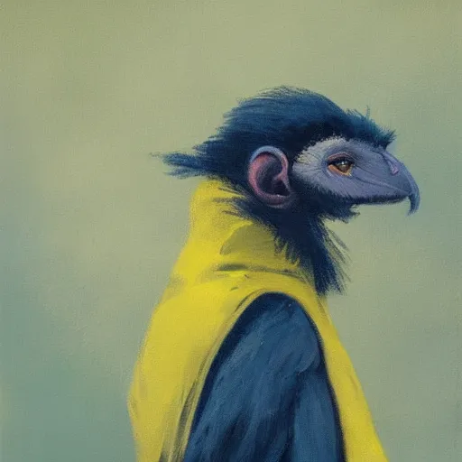 Prompt: long - eared monkey - crow creature wearing a raincoat | tonalist painting | prussian blue and azo yellow, dramatic lighting