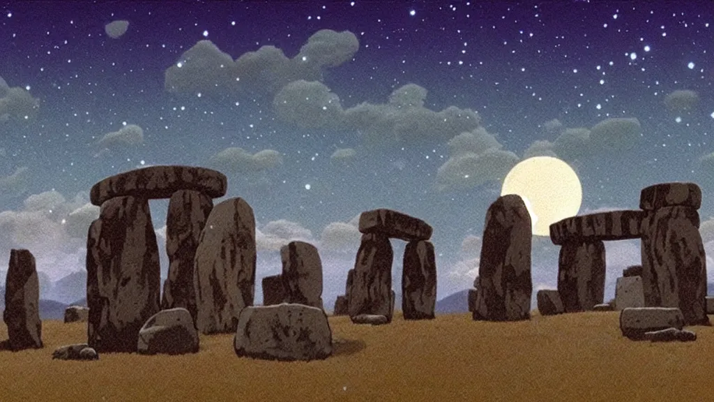 Image similar to a cell shaded cartoon movie still from princess mononoke ( 1 9 9 7 ) showing a golden ufo over stonehenge. in the background is machu pichu on a misty and starry night. very dull muted colors, hd, 4 k, hq