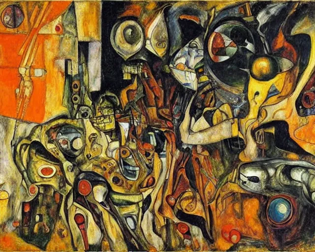 Prompt: a painting of a aliens and robots by graham sutherland, egon schiele, gustav klimt, guernica!, expressionism