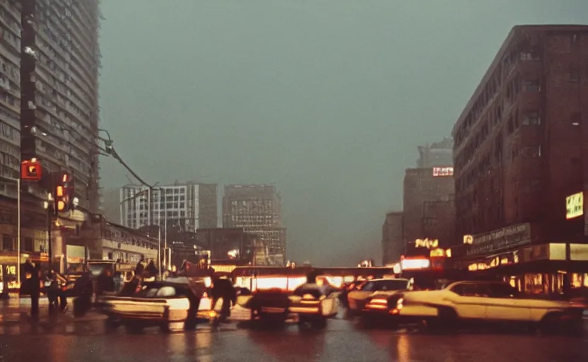 Image similar to 70s movie still of a sovietic street with pedestrians with soviet highrise in the backround , Cinestill 800t 18mm ektachrome color, heavy grainy picture, very detailed, high quality, 4k panoramic, HD criterion, dramatic lightning, neon billboards and streetlight at night, rain, mud, foggy