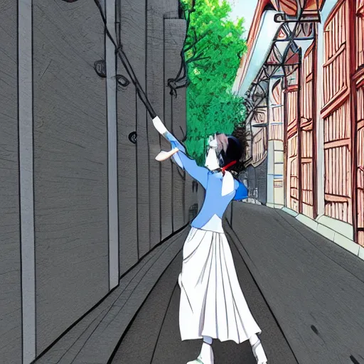 Image similar to An anime of a woman in long skirt dancing on the street by the fence