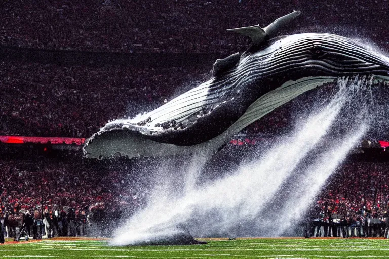 Image similar to a humpback whale flying in the air over an nfl football stadium ultra detailed realistic photograph cinematic lighting