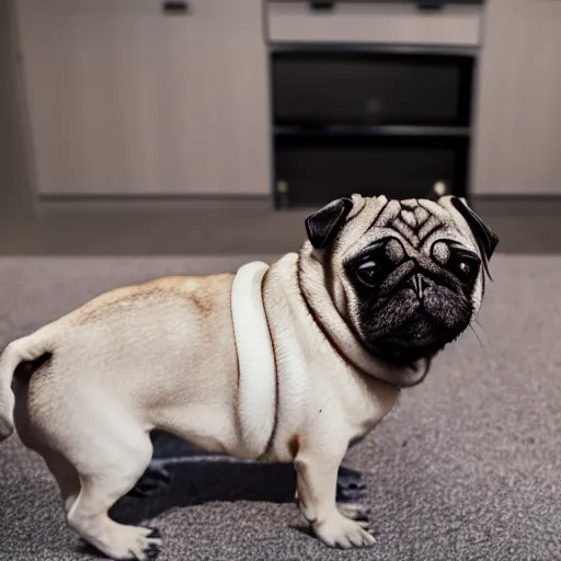 Image similar to film still medium shot a pug wearing a oculus quest vr headset, leica sl 2 5 0 mm, vivid color, high quality, high textured, real life