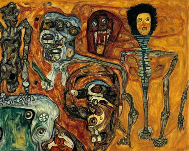 Image similar to a painting of a monsters and robots by graham sutherland, egon schiele, gustav klimt, neo - expressionism