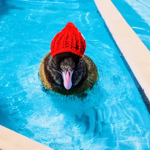 Prompt: a kiwi bird in a wooly hat sitting on a float in a pool, high quality