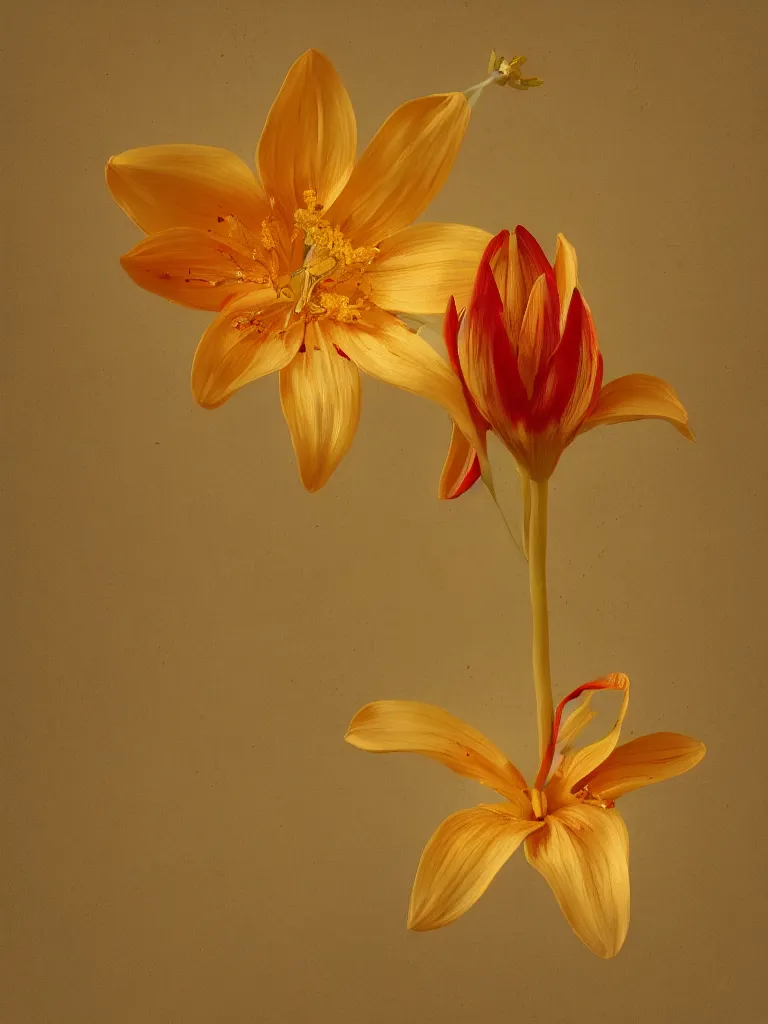 Image similar to single flower, st joseph lily, warm colors, intricate detail, painted look, golden ratio, ethereal, infini - d - render,