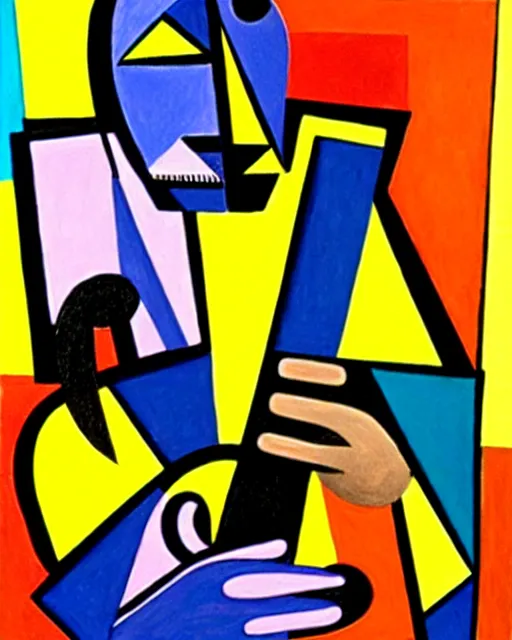 Image similar to a cubism portrait of willie nelson hugging his guitar, in the style of archipenko, alexande, muted colors