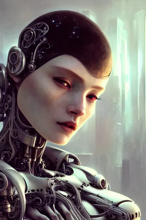 Image similar to an ultra realistic beautiful cyborg woman with eyes-closed, sci-fi, cyberpunk, intricate details, elegant, highly detailed, photorealistic, digital painting, octane render, concept art, eerie, 8k, art by artgerm and craig mullin and alphonse mucha and moebius and paolo roversi and greg rutkowski
