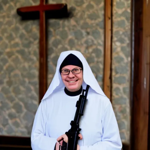 Image similar to a nun in church holding an ak 4 7