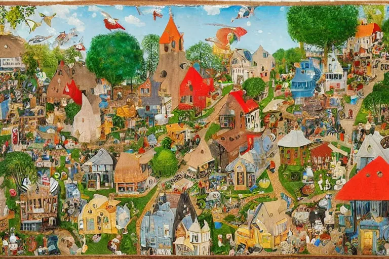 Image similar to an elaborate and dense painting of a peaceful neighborhood, detailed, made of alcohol ink on parchment and penned illustrations, by richard scarry and ( ( ( ( ( hieronymus bosch ) ) ) ) ) and geoff darrow!!!!!