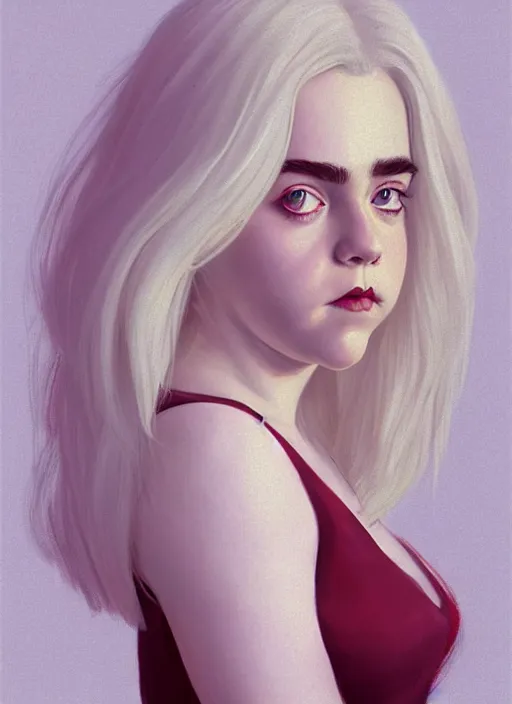 Image similar to full body portrait, kiernan shipka as sabrina spellman, white hair, obese, bangs, sultry, realistic, sultry smirk, fluffy bangs, freckles, fat, belly, intricate, elegant, highly detailed, digital painting, artstation, concept art, smooth, sharp focus, illustration, art by wlop, mars ravelo and greg rutkowski