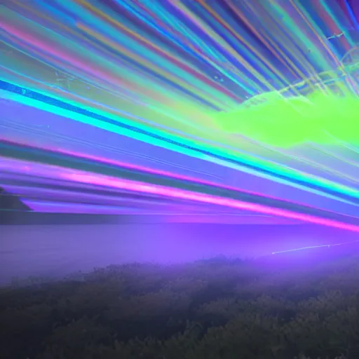 Image similar to rainbow lasers in the night sky, hyperrealistic, volumetric lighting, featured on artstation, highly detailed, 8 k