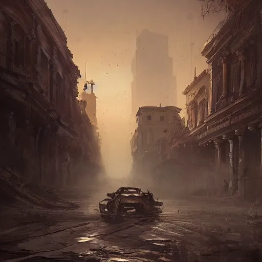 Image similar to rome in a post apocalyptic earth as seen by greg rutkowski, dark theme, enchanted, warm colors, high quality, waw, trending on artstation