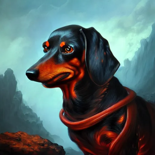 Image similar to a portrait of a fire elemental dachshund, fantasy concept art by Gerald Brom, highly detailed, intricate, sharp focus, Trending on Artstation HQ, deviantart, unreal engine 5, 4K UHD image