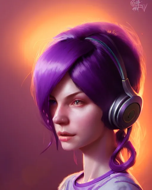 Image similar to stunningly beautiful purple haired female with headphones at home studio streaming games late at night, very detailed, 4 k, concept art like ernest khalimov, intricate details, highly detailed by greg rutkowski, ilya kuvshinov, gaston bussiere, craig mullins, simon bisley, backlit