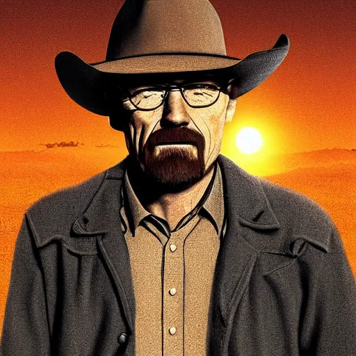 Image similar to walter white as a cowboy in a western town, golden hour, cinematic, digital art