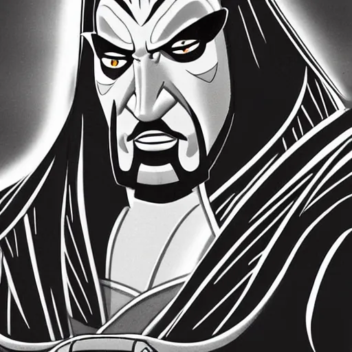 Image similar to Head-to-shoulder shot of Triple H as a Disney villain, traditional animation