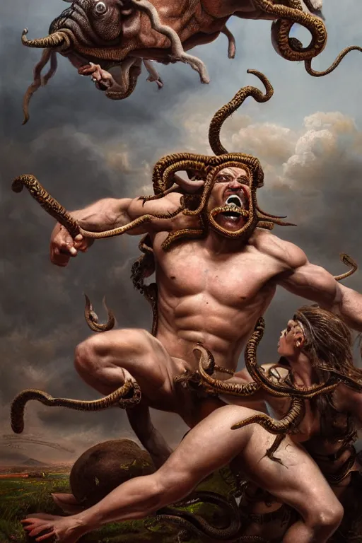 Prompt: minotaur vs medusa gorgon, realistic, detailed, highly detailed, hyper detailed, high definition, extremely detailed oil painting, beautiful composition, trending on artstation, award - winning photograph, masterpiece, intricate, portrait, 8 k highly professionally detailed, hdr, cgsociety