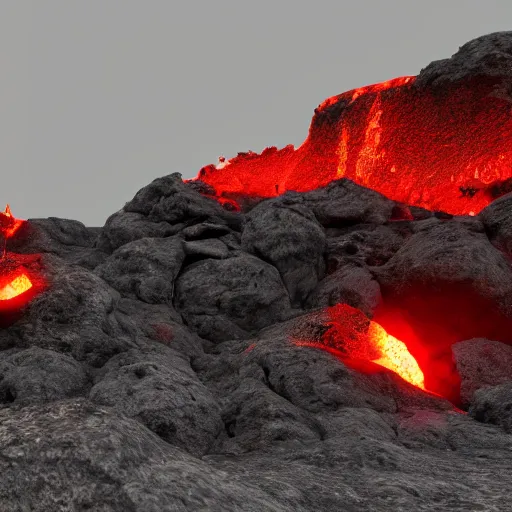 Image similar to satanic mountain goats with glowing red eyes on a sheer obsidian cliffside with lavaflow, lava waterfalls, photorealistic landscape render, octane render, vray, beautiful, ambient occlusion, particle effects, light bloom, rtx