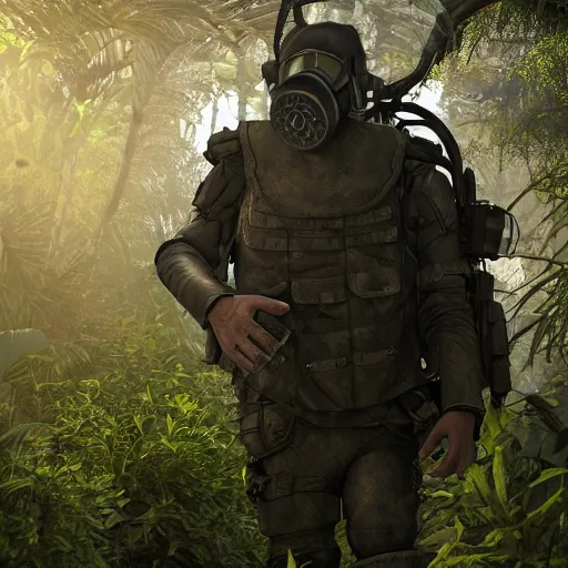 Image similar to a heavily armored man wearing a gasmask, walking through a lush jungle, realistic octane render, ray traced, god rays, extremely high detail