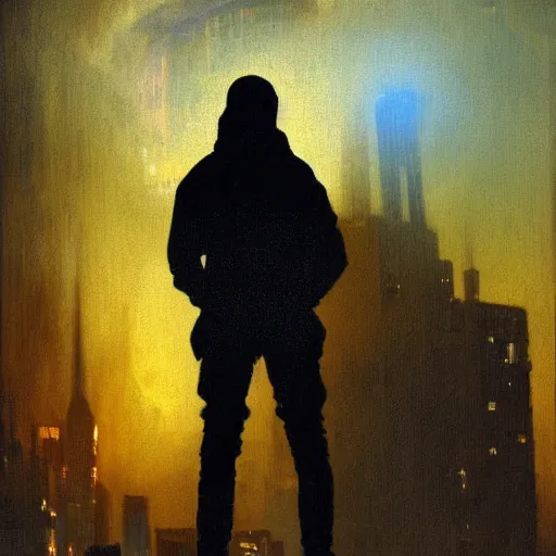 Prompt: digital art cyberpunk cityscape nighttime silhouette of young man in a hoodie in theforeground painted by turner 1860