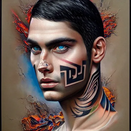 Image similar to ultra realistic portrait painting of a perfect handsome man blue eyes black hair stubble tribal tattoo, painted by Tristan Eaton Stanley Artgerm and Tom Bagshaw