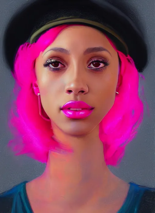 Image similar to portrait of young vanessa morgan with bright pink hair, black girl, vanessa morgan, curly pixie cut hair, wearing newsboy cap, newsboy cap, hoop earrings, intricate, elegant, glowing lights, highly detailed, digital painting, artstation, concept art, smooth, sharp focus, illustration, art by wlop, mars ravelo and greg rutkowski