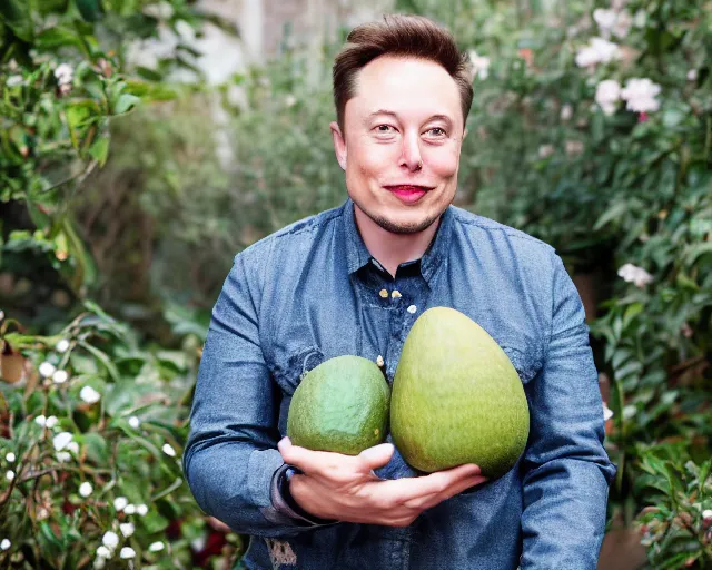 Prompt: 8 5 mm photography of elon musk as an avocado near a garden with sand with dof and bokeh and flowers