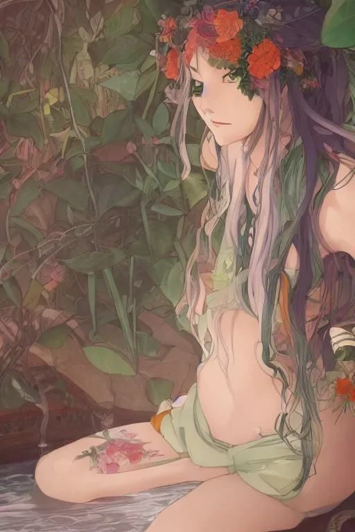 Image similar to a girl with long white hair lying in a bathroom bath at afternoon, plants, green and orange theme by krenz cushart and mucha and makoto shinkai and akihito yoshida and greg rutkowski, 4 k resolution