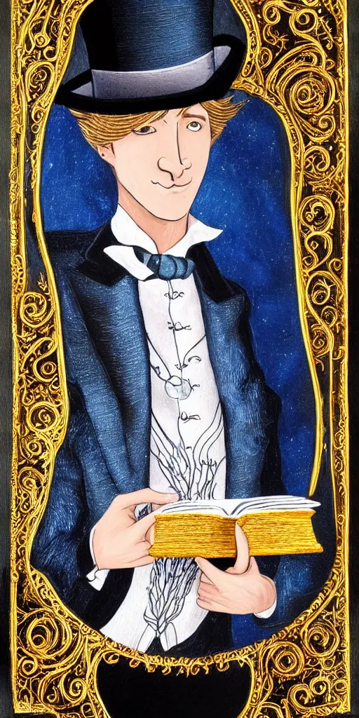 Image similar to beautiful detailed acrylic painting mystical mentalist man, has blond hair and a top hat. Wearing embroidered noble clothes. Heterochroma eyes. A small book with gold filigree in hand. Renaissance. Fantasy.