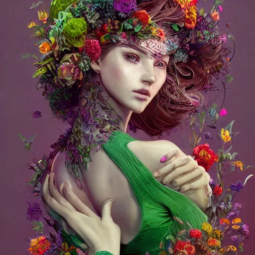 Image similar to the portrait of an absurdly beautiful, graceful, elegant, young woman made of fruits and green petals, an ultrafine hyperdetailed illustration by kim jung gi, irakli nadar, intricate linework, bright colors, octopath traveler, final fantasy, angular, unreal engine 5 highly rendered, global illumination, radiant light, detailed and intricate environment