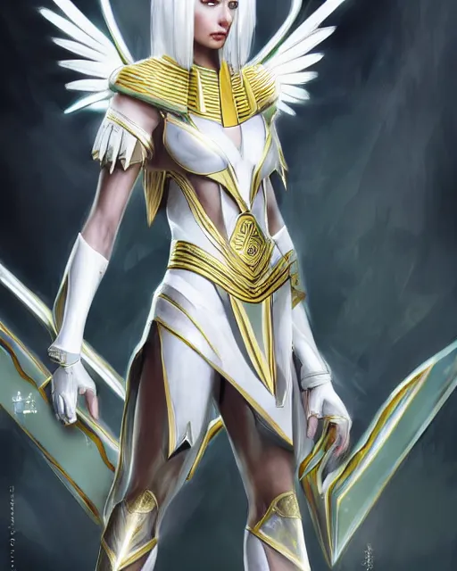 Image similar to perfect white haired attractive egyptian goddess, warframe armor, pharaoh headdress, beautiful, symmetric, dreamy, half asian, pretty face, green eyes, charlize theron, detailed, scifi platform, laboratory, experiment, 4 k, ultra realistic, epic lighting, android body, illuminated, cinematic, masterpiece, art by akihito tsukushi, voidstar