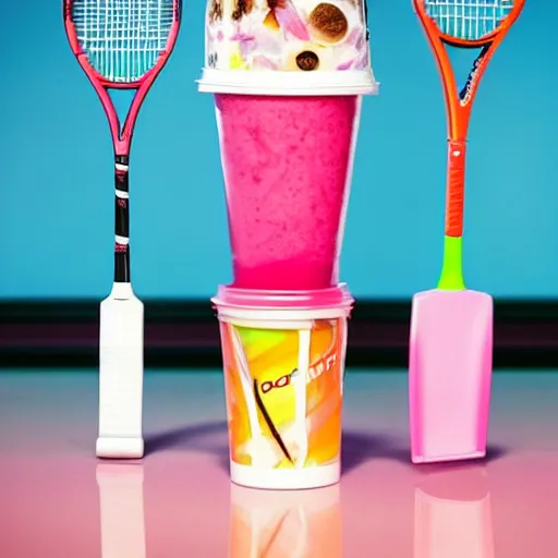 Image similar to three cups of yougurt jars next to a tennis racket, a stock photo by pia fries, trending on pinterest, lyco art, y 2 k aesthetic, vaporwave, aesthetic, side view