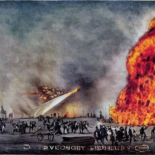 Image similar to the Hindenburg crashing in flames in colour on Victorian London