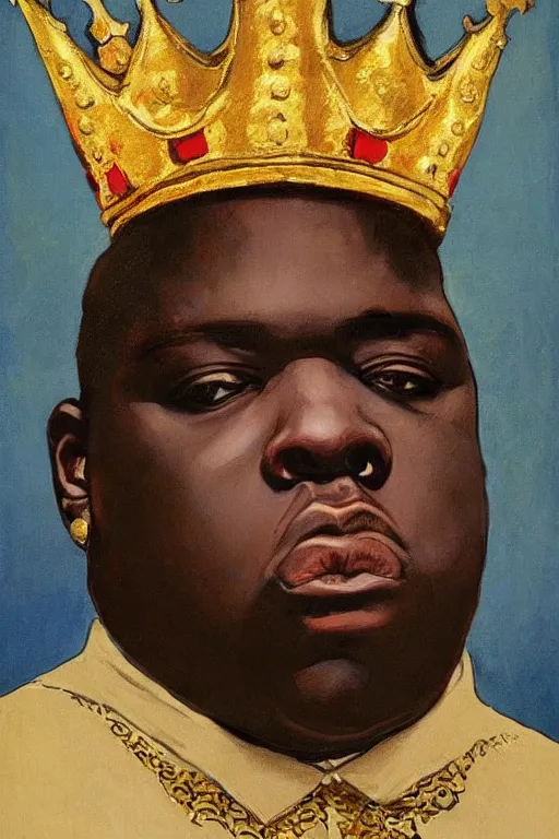 Image similar to portrait of rapper biggie smalls with kings crown and royal outfit, european, modern art, eclectic art, gold and colorful, illustration, by ramon casas