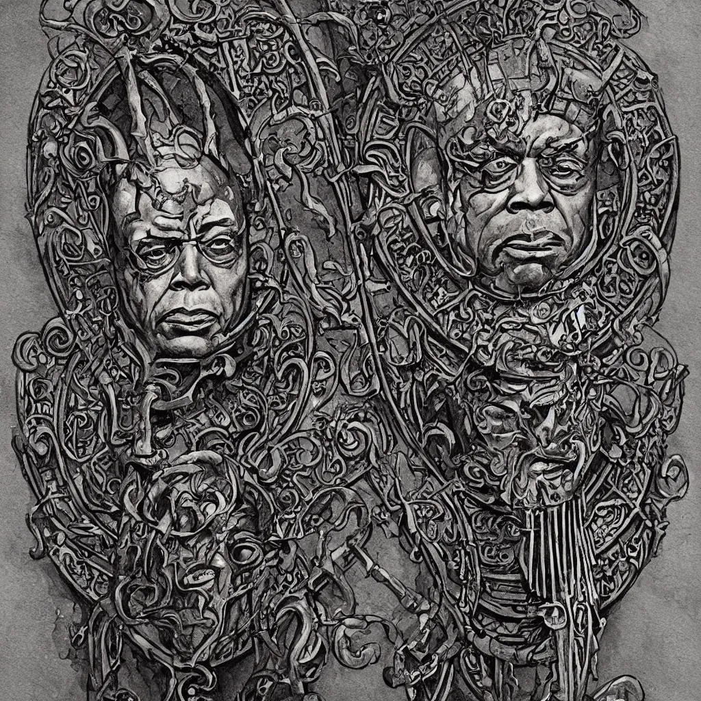 Prompt: Stunning cartooned art nouveau bust portrait of James Earl Jones as Thulsa Doom in scratchy rune-carved armor, with metallic art nouveau shield designs, by Bernie Wrightston and Mike Mignola, deep atmospheric colors, sinister ambience, malevolent countenance, determination, dominance, confidence, mixed media painting, accurate symmetrical facial details, perfect symmetry, sumerian, roman, egyptian, medieval, Karol Bak