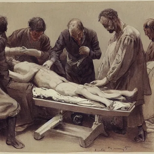 Image similar to shikki funereal by walter langley. a beautiful conceptual art of a team of surgeons gathered around a patient on an operating table, with one surgeon in the process of cutting into the patient's chest. the conceptual art is full of intense colors & brushstrokes, conveying the urgency & intensity of the surgery.