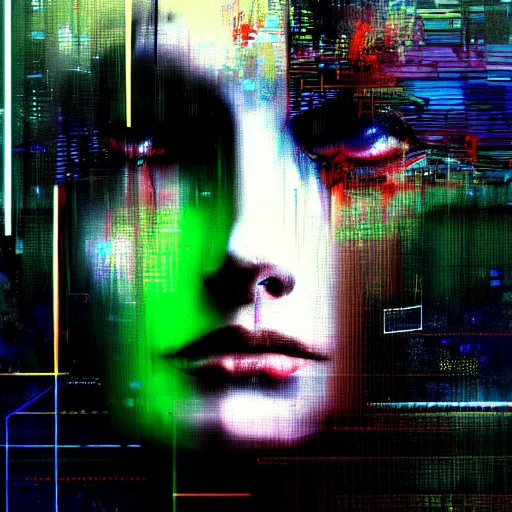 Image similar to hyperrealistic portrait of a cyberpunk woman, digital ui, by Guy Denning, Johannes Itten, Russ Mills, glitch art, hacking effects, glitch effects, digitial tech effects, cybernetics, chromatic, color blocking!, oil on canvas, concept art, abstract