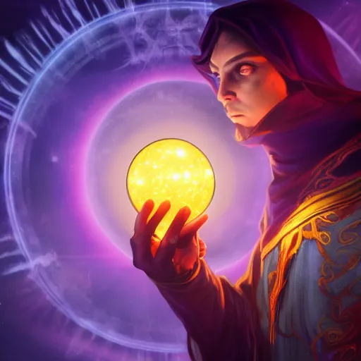 Image similar to a warlock is casting a magic spell, while magic orb is floating in his hand, the magic orb emit a blueish vapour, dynamic pose, chromatic aberration , medium level shot, Mucha style , Grim fantasy, illustration ,concept art,