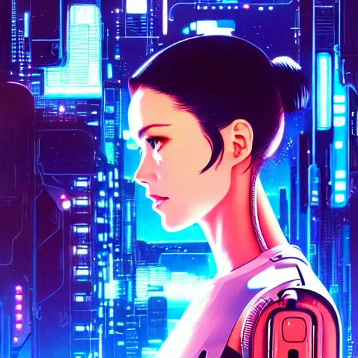 Image similar to side portrait scifi cyborg girl with robotic parts and spacesuit | | head only in center of image, audrey plaza, fine detail!! anime!! realistic shaded lighting!! poster by ilya kuvshinov katsuhiro otomo ghost - in - the - shell, magali villeneuve, artgerm, jeremy lipkin and michael garmash and rob rey