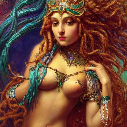 Image similar to artstation, intricate details, hyper details, by gaston bussiere and sandro botticelli, tan skin sumerian goddess inanna, lady of elche, egyptian sumerian features, techno mystic dominatrix goddess intergalactica, inanna with aqua neon rapunzel dreadlocks,