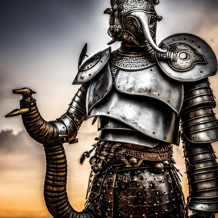 Image similar to photo of a warrior with metal elephant themed armour, highly detailed, 4 k, hdr, smooth, sharp focus, high resolution, award - winning photo