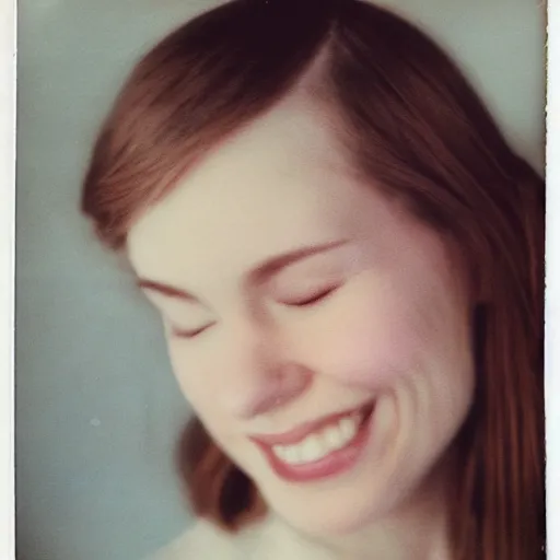 Prompt: a beautiful face of a young pale woman with closed eyes, small lips pointy nose, cheeks, and brown hair in two buns, smiling seductivly at you, polaroid