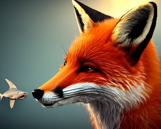 Prompt: a portrait of a fox eating a shark, cinematic, 8 k, raytracing, fantasy artwork, detailed, realistic