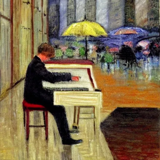 Image similar to A pianist playing piano on a rainy day in a coffee shop. There is a decent amount of people watching and enjoying the music, Impressionism art