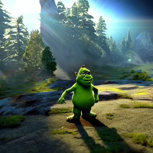 Image similar to shrek in the unreal engine, giant space battle, 8k, photo realistic, lensflare, volumetric lighting