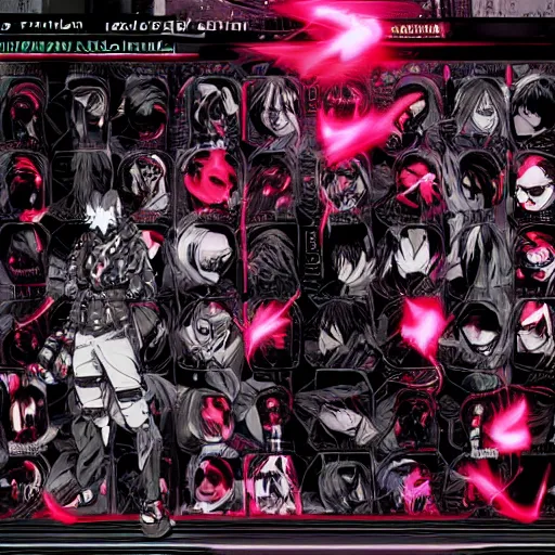 Prompt: character select screen of a cyberpunk blame! anime fighting game by tsutomu nihei